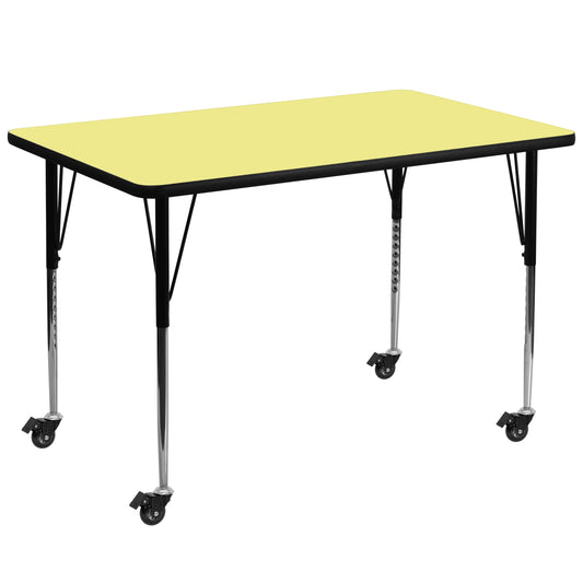 Wren Mobile 36''W x 72''L Rectangular Yellow Thermal Laminate Activity Table - Standard Height Adjustable Legs Yellow XU-A3672-REC-YEL-T-A-CAS-GG