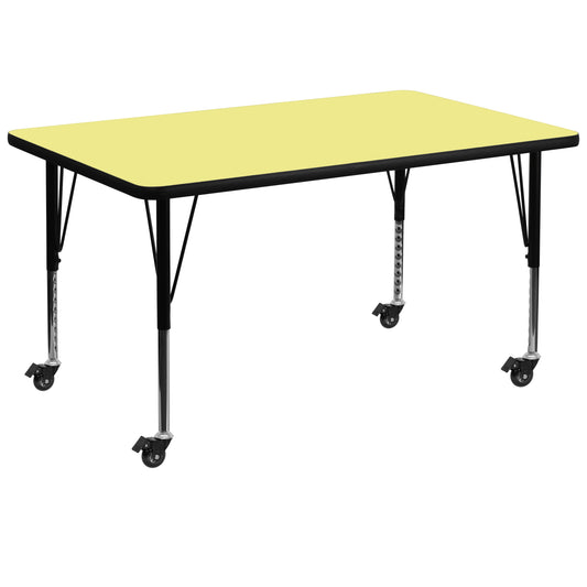 Wren Mobile 36''W x 72''L Rectangular Yellow Thermal Laminate Activity Table - Height Adjustable Short Legs Yellow XU-A3672-REC-YEL-T-P-CAS-GG