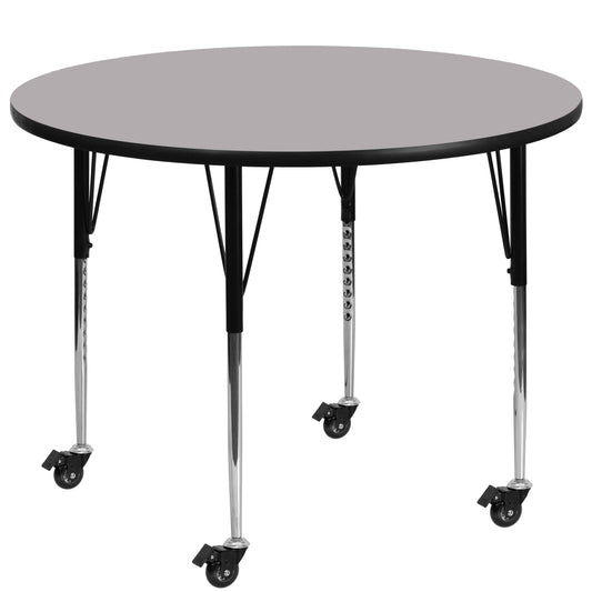 Wren Mobile 42'' Round Grey Thermal Laminate Activity Table - Standard Height Adjustable Legs Gray XU-A42-RND-GY-T-A-CAS-GG
