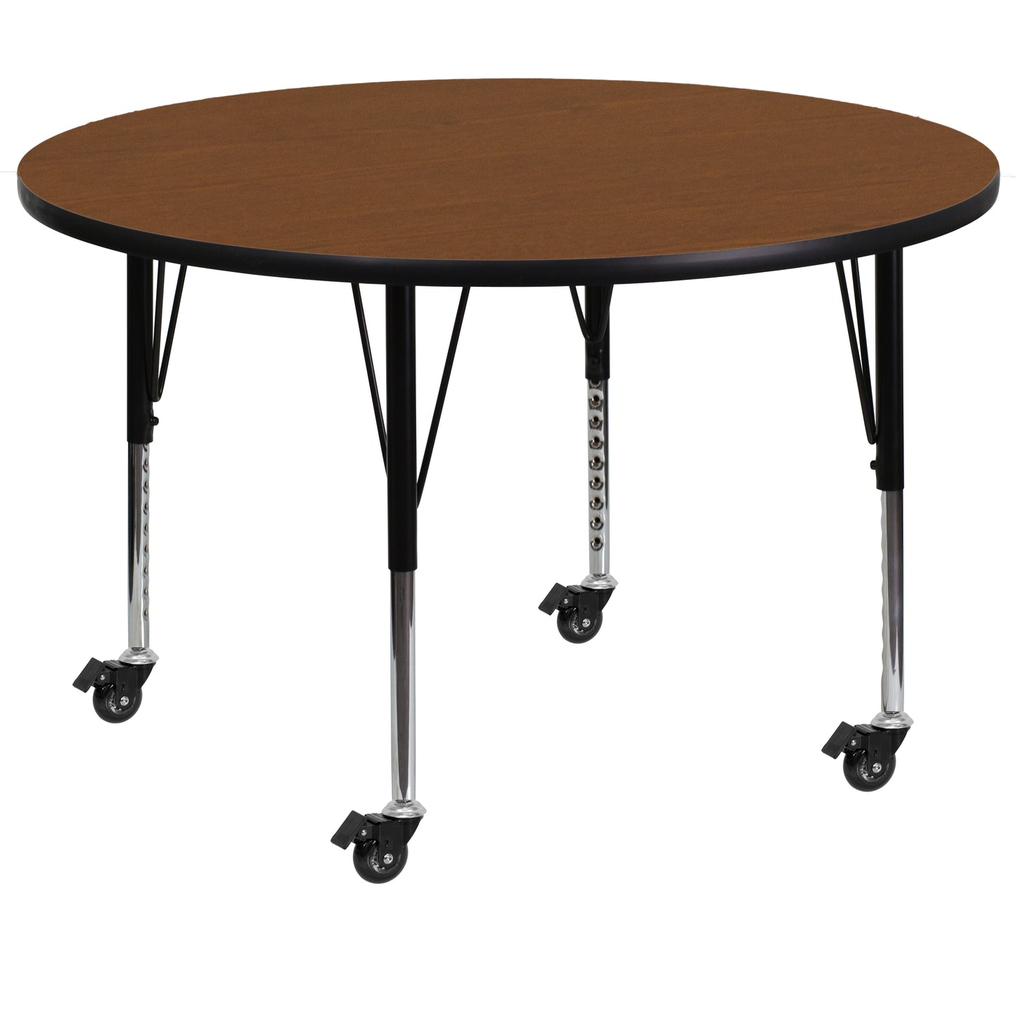 Wren Mobile 42'' Round Oak HP Laminate Activity Table - Height Adjustable Short Legs Oak XU-A42-RND-OAK-H-P-CAS-GG