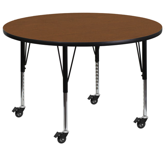 Wren Mobile 42'' Round Oak HP Laminate Activity Table - Height Adjustable Short Legs Oak XU-A42-RND-OAK-H-P-CAS-GG