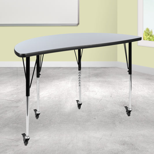 Wren Mobile 47.5" Half Circle Wave Flexible Collaborative Grey Laminate Activity Table - Standard Height Adjustable Legs Grey XU-A48-HCIRC-GY-T-A-CAS-GG
