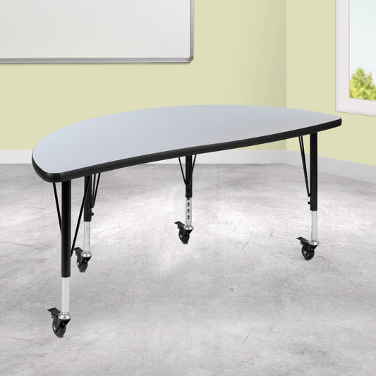 Wren Mobile 47.5" Half Circle Wave Flexible Collaborative Grey Thermal Laminate Activity Table - Height Adjust Short Legs Grey XU-A48-HCIRC-GY-T-P-CAS-GG
