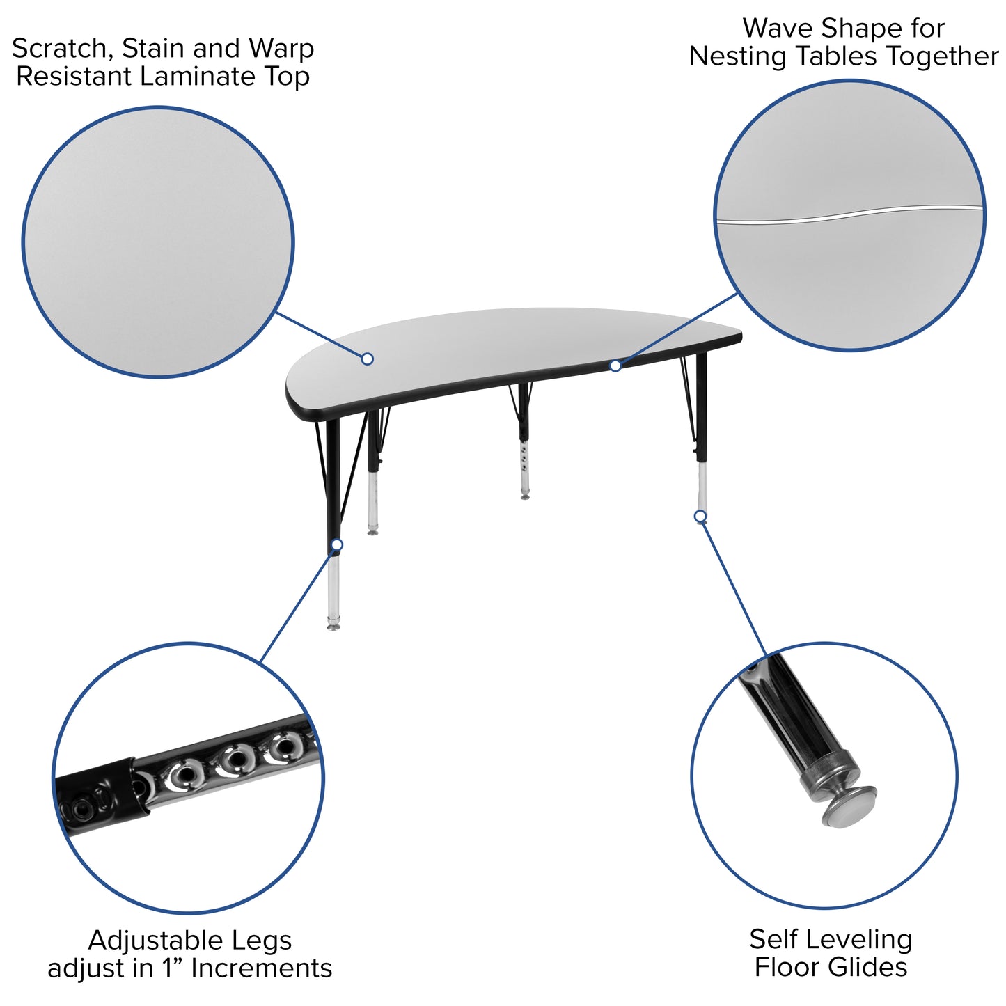 Wren 47.5" Half Circle Wave Flexible Collaborative Grey Thermal Laminate Activity Table - Height Adjustable Short Legs Grey