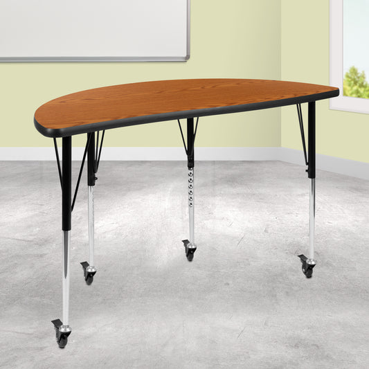 Wren Mobile 47.5" Half Circle Wave Flexible Collaborative Oak Laminate Activity Table - Standard Height Adjustable Legs Oak XU-A48-HCIRC-OAK-T-A-CAS-GG