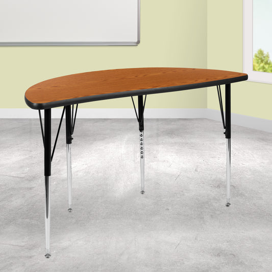 Wren 47.5" Half Circle Wave Flexible Collaborative Oak Thermal Laminate Activity Table - Standard Height Adjustable Legs Oak XU-A48-HCIRC-OAK-T-A-GG