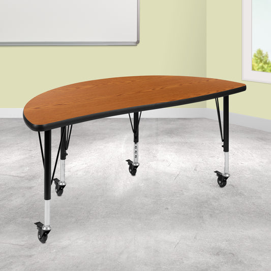 Wren Mobile 47.5" Half Circle Wave Flexible Collaborative Oak Thermal Laminate Activity Table - Height Adjust Short Legs Oak XU-A48-HCIRC-OAK-T-P-CAS-GG