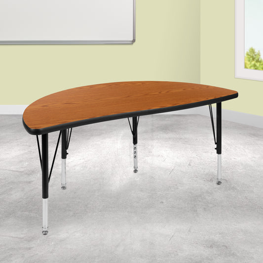 Wren 47.5" Half Circle Wave Flexible Collaborative Oak Thermal Laminate Activity Table - Height Adjustable Short Legs Oak XU-A48-HCIRC-OAK-T-P-GG