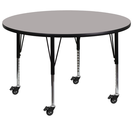 Wren Mobile 48'' Round Grey HP Laminate Activity Table - Height Adjustable Short Legs Gray XU-A48-RND-GY-H-P-CAS-GG