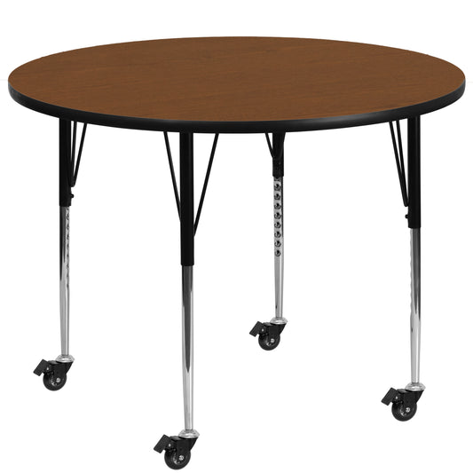 Wren Mobile 48'' Round Oak HP Laminate Activity Table - Standard Height Adjustable Legs Oak XU-A48-RND-OAK-H-A-CAS-GG