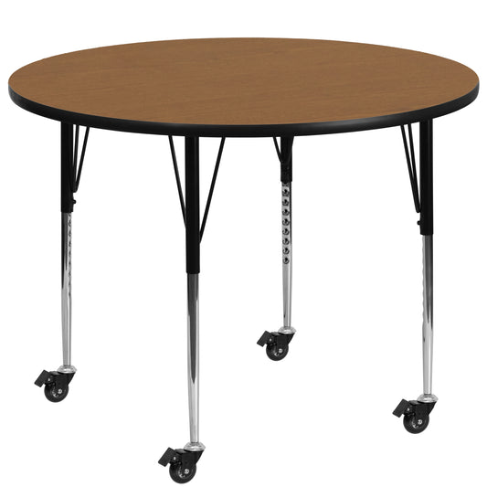 Wren Mobile 48'' Round Oak Thermal Laminate Activity Table - Standard Height Adjustable Legs Oak XU-A48-RND-OAK-T-A-CAS-GG