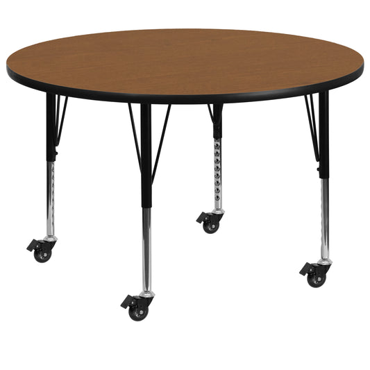 Wren Mobile 48'' Round Oak Thermal Laminate Activity Table - Height Adjustable Short Legs Oak XU-A48-RND-OAK-T-P-CAS-GG