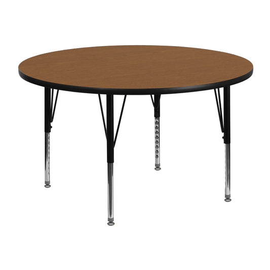 Wren 48'' Round Oak Thermal Laminate Activity Table - Height Adjustable Short Legs Oak XU-A48-RND-OAK-T-P-GG