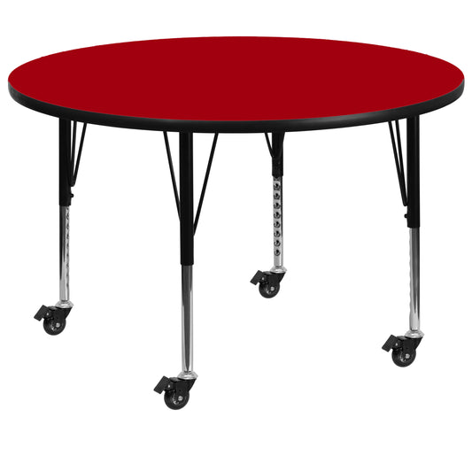 Wren Mobile 48'' Round Red Thermal Laminate Activity Table - Height Adjustable Short Legs Red XU-A48-RND-RED-T-P-CAS-GG