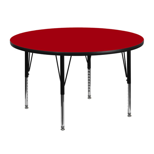 Wren 48'' Round Red Thermal Laminate Activity Table - Height Adjustable Short Legs Red XU-A48-RND-RED-T-P-GG