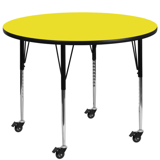 Wren Mobile 48'' Round Yellow HP Laminate Activity Table - Standard Height Adjustable Legs Yellow XU-A48-RND-YEL-H-A-CAS-GG