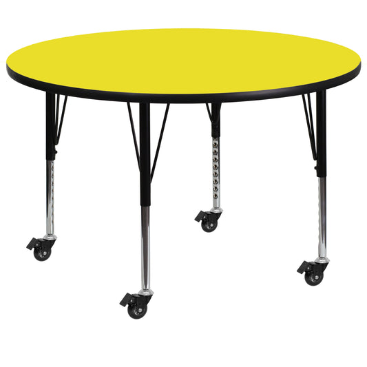 Wren Mobile 48'' Round Yellow HP Laminate Activity Table - Height Adjustable Short Legs Yellow XU-A48-RND-YEL-H-P-CAS-GG