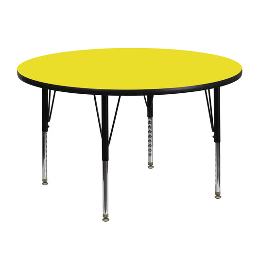 Wren 48'' Round Yellow HP Laminate Activity Table - Height Adjustable Short Legs Yellow XU-A48-RND-YEL-H-P-GG