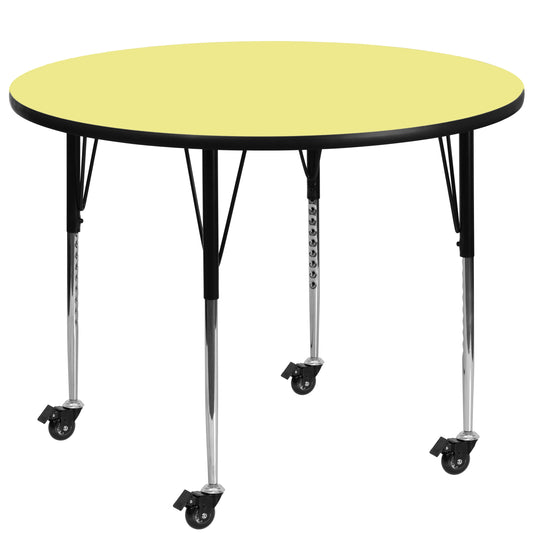 Wren Mobile 48'' Round Yellow Thermal Laminate Activity Table - Standard Height Adjustable Legs Yellow XU-A48-RND-YEL-T-A-CAS-GG