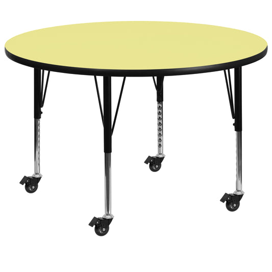 Wren Mobile 48'' Round Yellow Thermal Laminate Activity Table - Height Adjustable Short Legs Yellow XU-A48-RND-YEL-T-P-CAS-GG