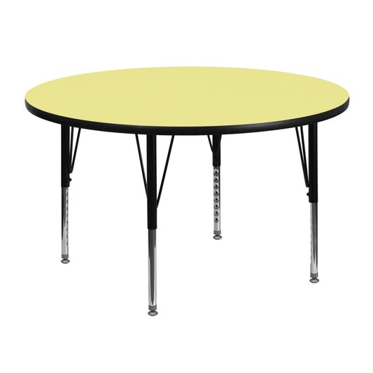 Wren 48'' Round Yellow Thermal Laminate Activity Table - Height Adjustable Short Legs Yellow XU-A48-RND-YEL-T-P-GG