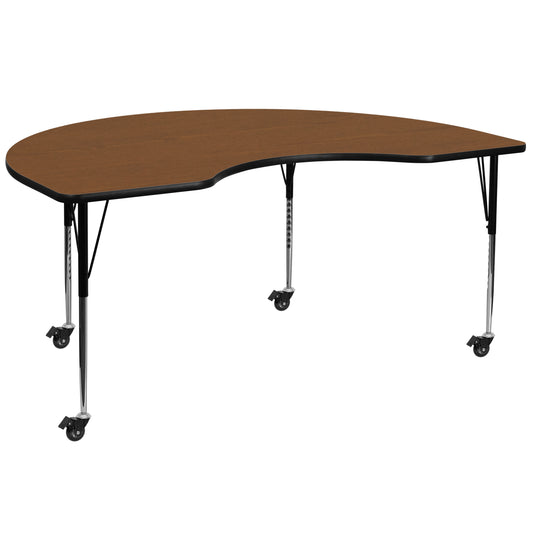 Wren Mobile 48''W x 72''L Kidney Oak HP Laminate Activity Table - Standard Height Adjustable Legs Oak XU-A4872-KIDNY-OAK-H-A-CAS-GG