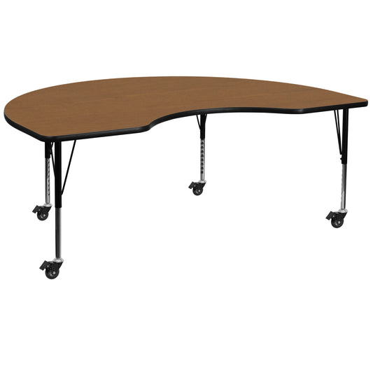 Wren Mobile 48''W x 72''L Kidney Oak Thermal Laminate Activity Table - Height Adjustable Short Legs Oak XU-A4872-KIDNY-OAK-T-P-CAS-GG
