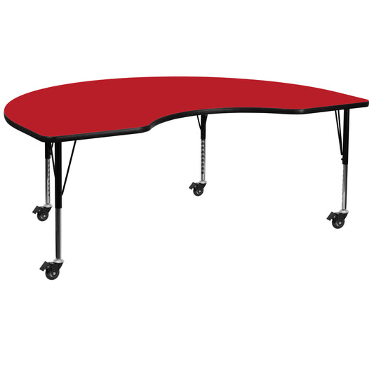 Wren Mobile 48''W x 72''L Kidney Red HP Laminate Activity Table - Height Adjustable Short Legs Red XU-A4872-KIDNY-RED-H-P-CAS-GG