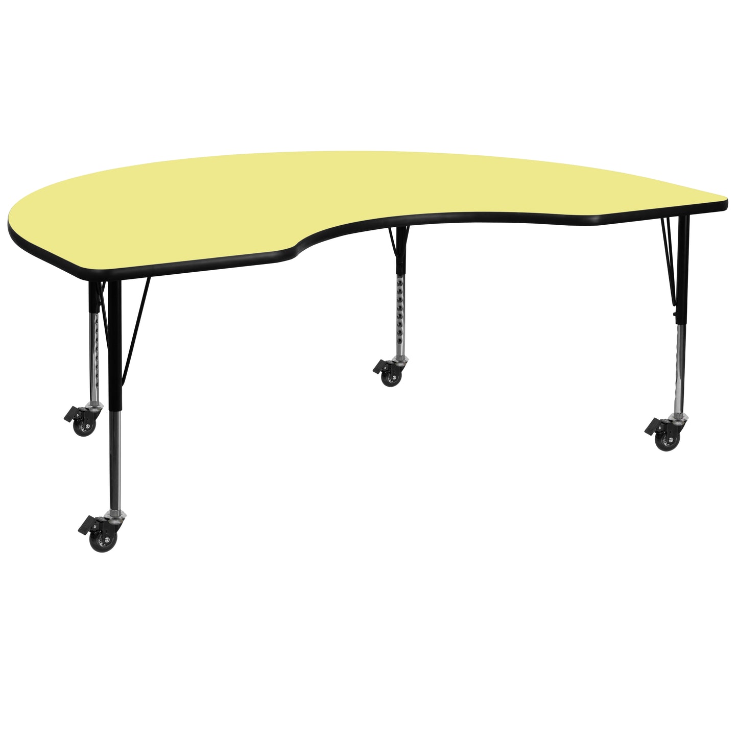 Wren Mobile 48''W x 72''L Kidney Yellow Thermal Laminate Activity Table - Height Adjustable Short Legs Yellow XU-A4872-KIDNY-YEL-T-P-CAS-GG