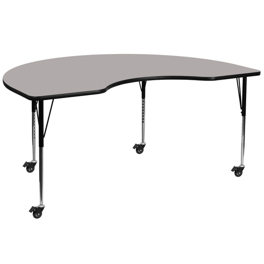 Wren Mobile 48''W x 96''L Kidney Grey HP Laminate Activity Table - Standard Height Adjustable Legs Gray XU-A4896-KIDNY-GY-H-A-CAS-GG