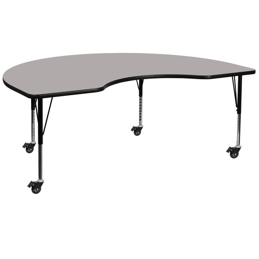 Wren Mobile 48''W x 96''L Kidney Grey HP Laminate Activity Table - Height Adjustable Short Legs Gray XU-A4896-KIDNY-GY-H-P-CAS-GG