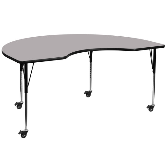 Wren Mobile 48''W x 96''L Kidney Grey Thermal Laminate Activity Table - Standard Height Adjustable Legs Gray XU-A4896-KIDNY-GY-T-A-CAS-GG