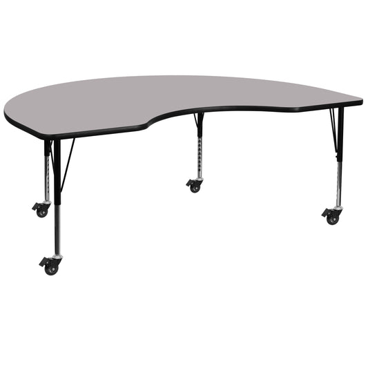 Wren Mobile 48''W x 96''L Kidney Grey Thermal Laminate Activity Table - Height Adjustable Short Legs Gray XU-A4896-KIDNY-GY-T-P-CAS-GG