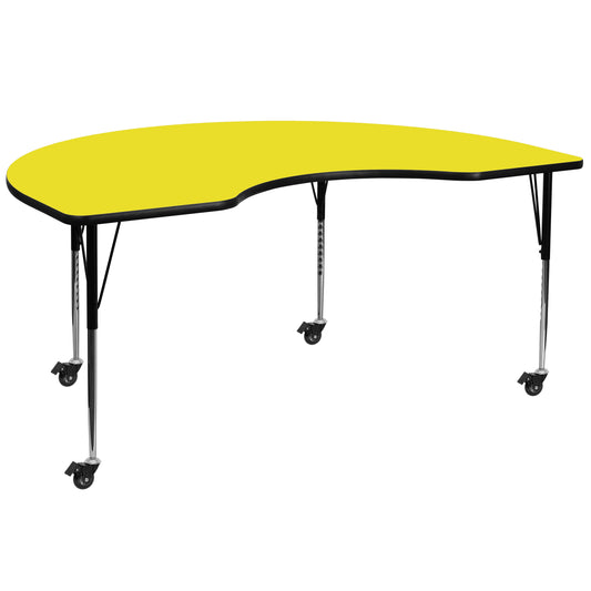 Wren Mobile 48''W x 96''L Kidney Yellow HP Laminate Activity Table - Standard Height Adjustable Legs Yellow XU-A4896-KIDNY-YEL-H-A-CAS-GG