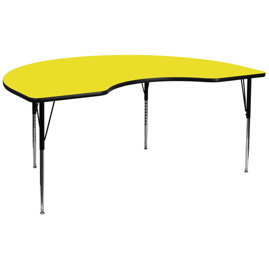Wren 48''W x 96''L Kidney Yellow HP Laminate Activity Table - Standard Height Adjustable Legs Yellow XU-A4896-KIDNY-YEL-H-A-GG