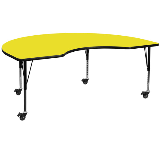 Wren Mobile 48''W x 96''L Kidney Yellow HP Laminate Activity Table - Height Adjustable Short Legs Yellow XU-A4896-KIDNY-YEL-H-P-CAS-GG