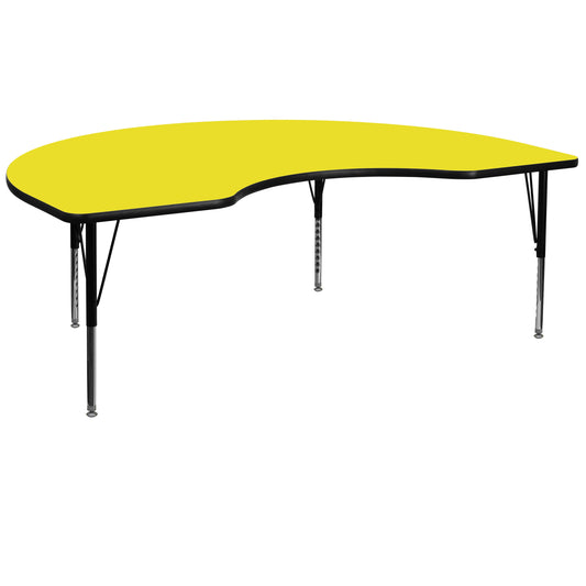 Wren 48''W x 96''L Kidney Yellow HP Laminate Activity Table - Height Adjustable Short Legs Yellow XU-A4896-KIDNY-YEL-H-P-GG