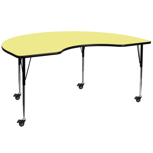 Wren Mobile 48''W x 96''L Kidney Yellow Thermal Laminate Activity Table - Standard Height Adjustable Legs Yellow XU-A4896-KIDNY-YEL-T-A-CAS-GG