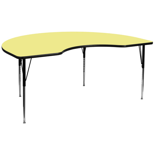 Wren 48''W x 96''L Kidney Yellow Thermal Laminate Activity Table - Standard Height Adjustable Legs Yellow XU-A4896-KIDNY-YEL-T-A-GG