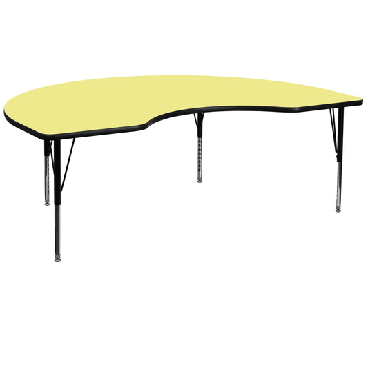 Wren 48''W x 96''L Kidney Yellow Thermal Laminate Activity Table - Height Adjustable Short Legs Yellow XU-A4896-KIDNY-YEL-T-P-GG