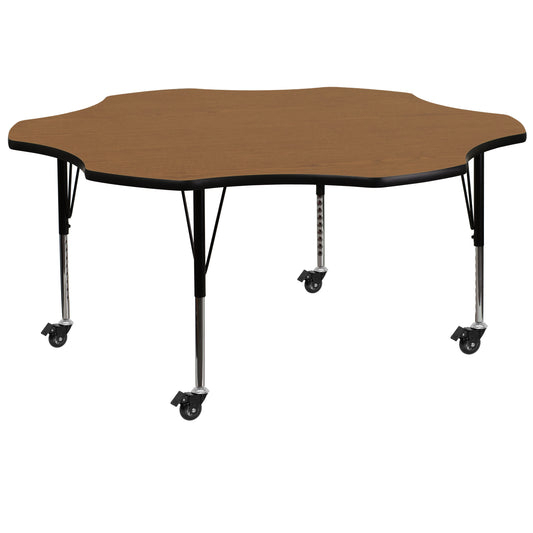 Wren Mobile 60'' Flower Oak Thermal Laminate Activity Table - Height Adjustable Short Legs Oak XU-A60-FLR-OAK-T-P-CAS-GG