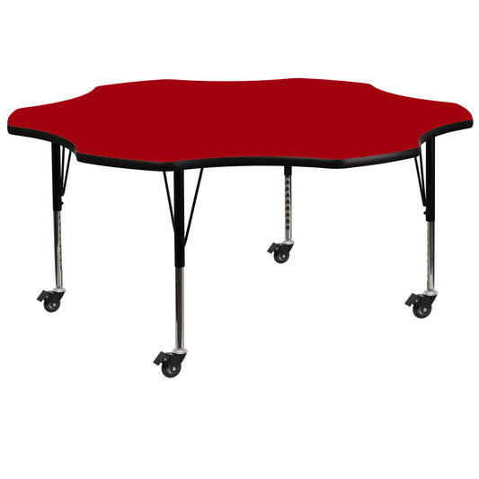 Wren Mobile 60'' Flower Red Thermal Laminate Activity Table - Height Adjustable Short Legs Red XU-A60-FLR-RED-T-P-CAS-GG