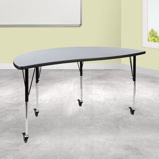 Wren Mobile 60" Half Circle Wave Flexible Collaborative Grey Thermal Laminate Activity Table-Standard Height Adjust Legs Grey XU-A60-HCIRC-GY-T-A-CAS-GG