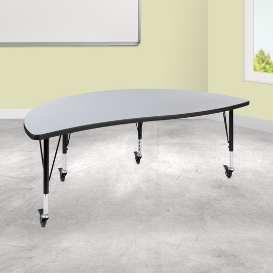 Wren Mobile 60" Half Circle Wave Flexible Collaborative Grey Thermal Laminate Activity Table-Height Adjust Short Legs Grey XU-A60-HCIRC-GY-T-P-CAS-GG