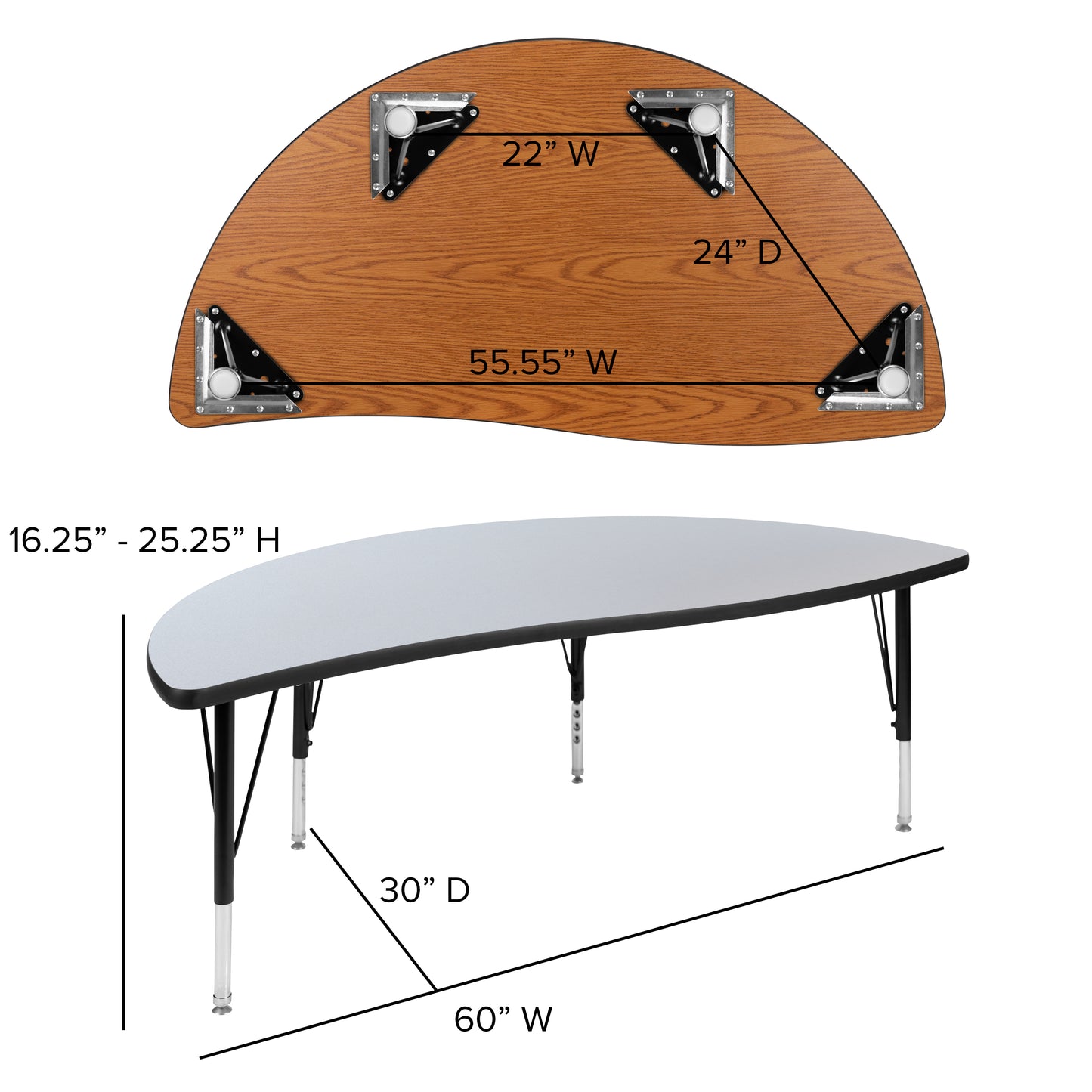 Wren 60" Half Circle Wave Flexible Collaborative Grey Thermal Laminate Activity Table - Height Adjustable Short Legs Grey
