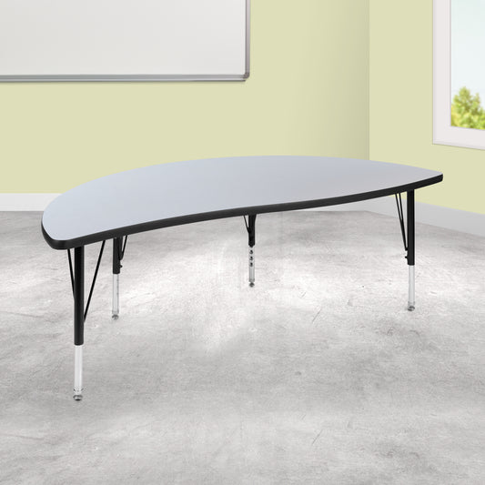 Wren 60" Half Circle Wave Flexible Collaborative Grey Thermal Laminate Activity Table - Height Adjustable Short Legs Grey XU-A60-HCIRC-GY-T-P-GG
