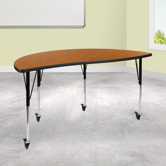 Wren Mobile 60" Half Circle Wave Flexible Collaborative Oak Thermal Laminate Activity Table-Standard Height Adjust Legs Oak XU-A60-HCIRC-OAK-T-A-CAS-GG