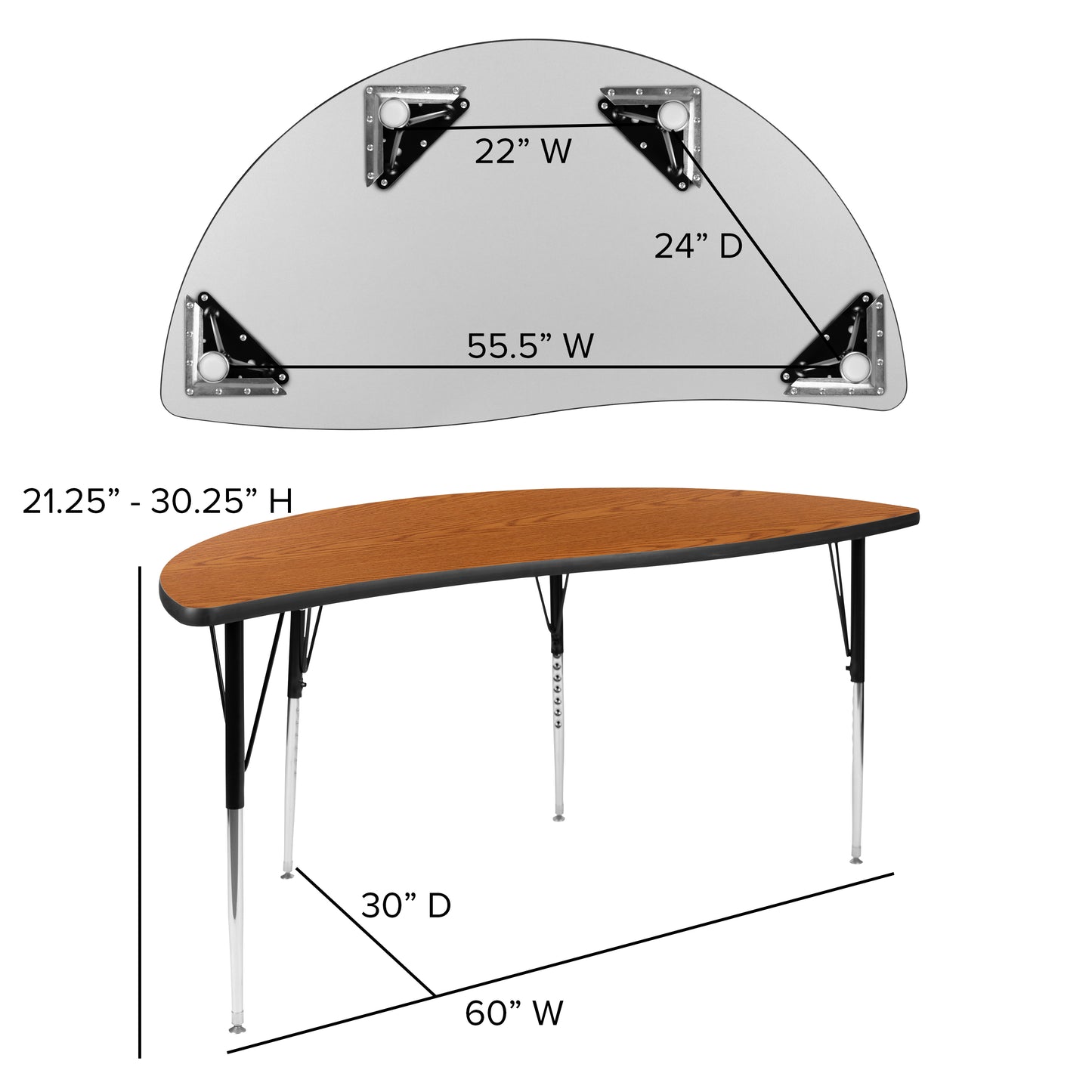 Wren 60" Half Circle Wave Flexible Collaborative Oak Thermal Laminate Activity Table - Standard Height Adjustable Legs Oak