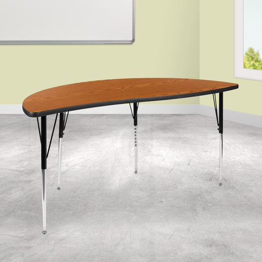 Wren 60" Half Circle Wave Flexible Collaborative Oak Thermal Laminate Activity Table - Standard Height Adjustable Legs Oak XU-A60-HCIRC-OAK-T-A-GG