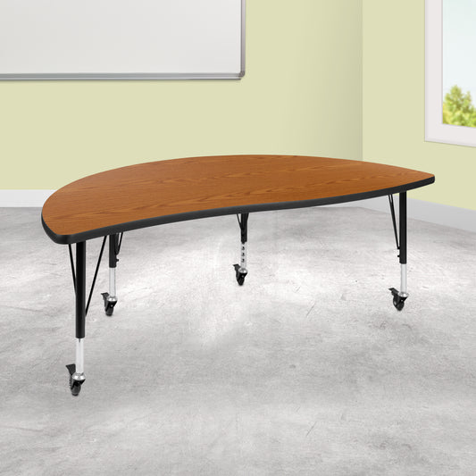 Wren Mobile 60" Half Circle Wave Flexible Collaborative Oak Thermal Laminate Activity Table-Height Adjust Short Legs Oak XU-A60-HCIRC-OAK-T-P-CAS-GG